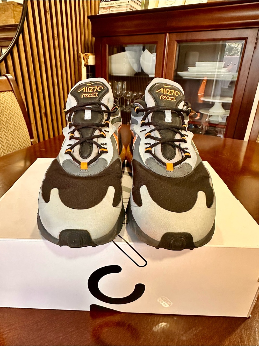 Nike Air 270 React Sneakers in Wolf Grey/Total Orange-Black “Winter”